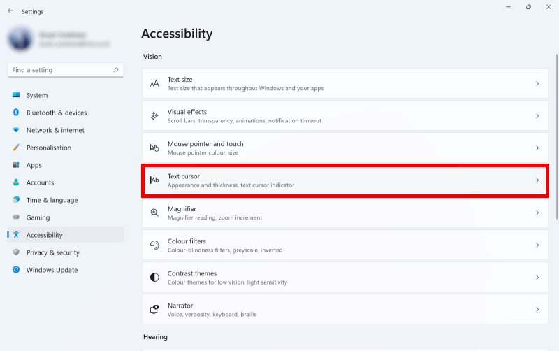 Open the Accessibility settings and select Text cursor